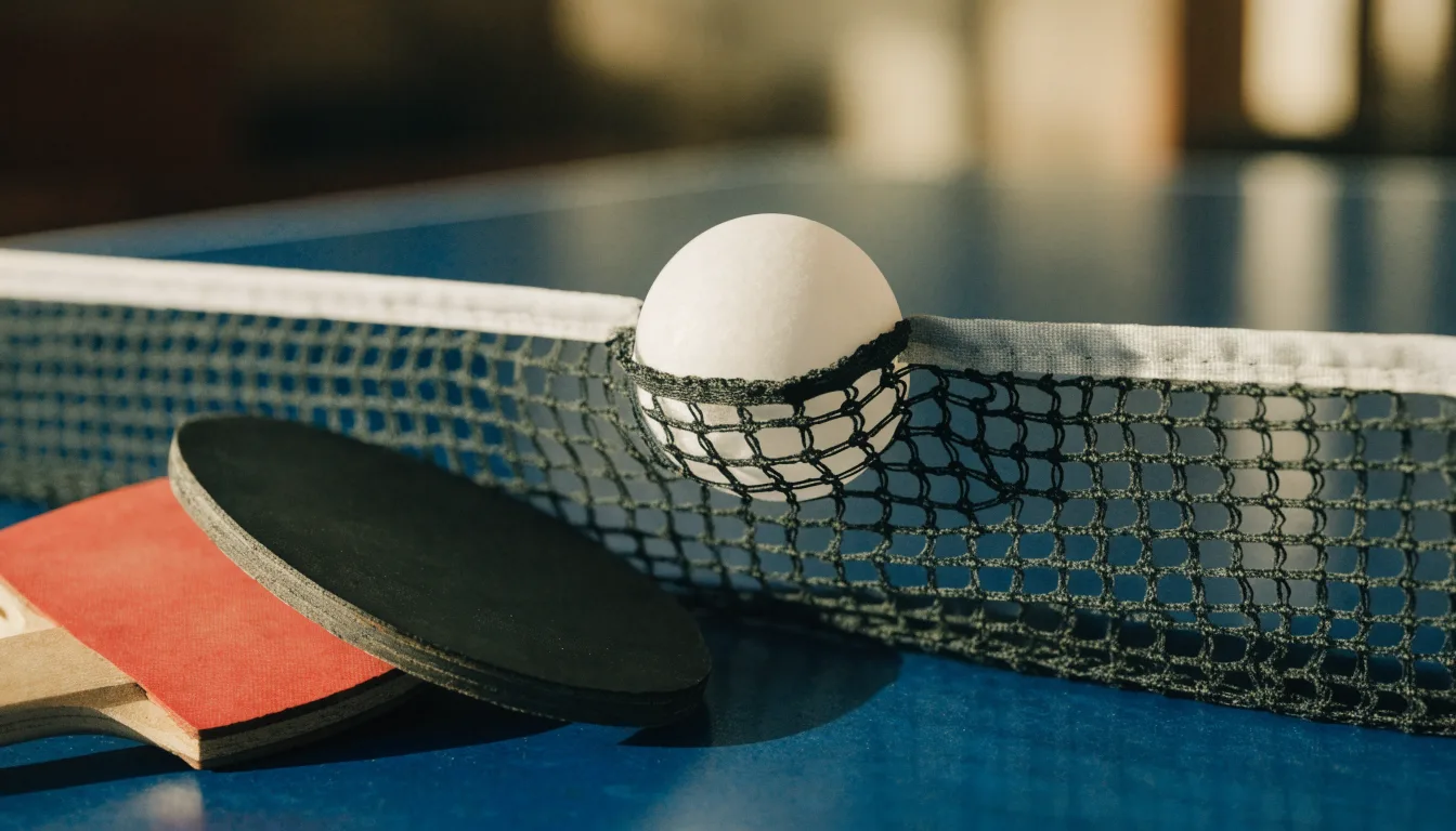 Ein weißer Ball liegt in Nahaufnahme auf der Netzkante einer Tischtennisplatte, daneben zwei Holzschläger mit rotem und schwarzem Belag.