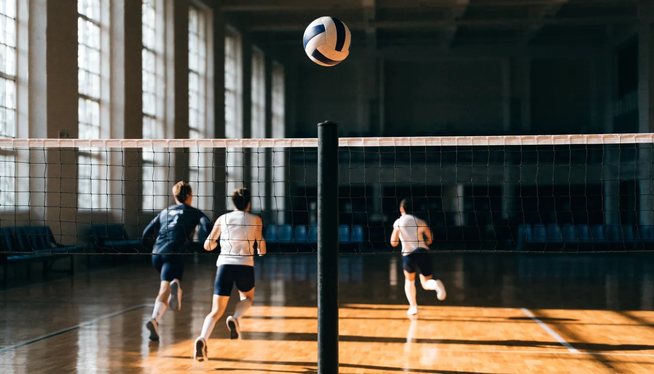 Eine leere Sporthalle mit gespanntem Volleyballnetz und glänzendem Parkett, durch hohe Fenster fällt Tageslicht.