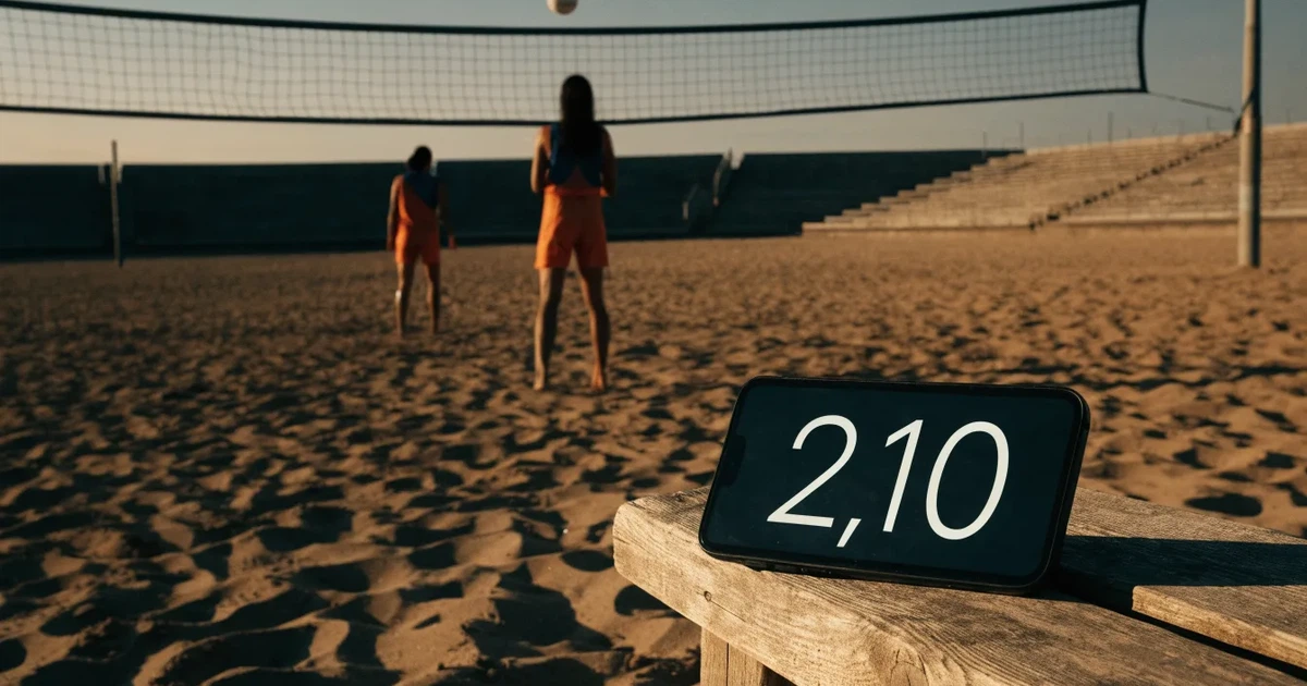 Ein Volleyball liegt auf dem Sand eines Beachvolleyball-Feldes neben dem gespannten Netz, im Hintergrund eine leere Tribüne bei Abendlicht.