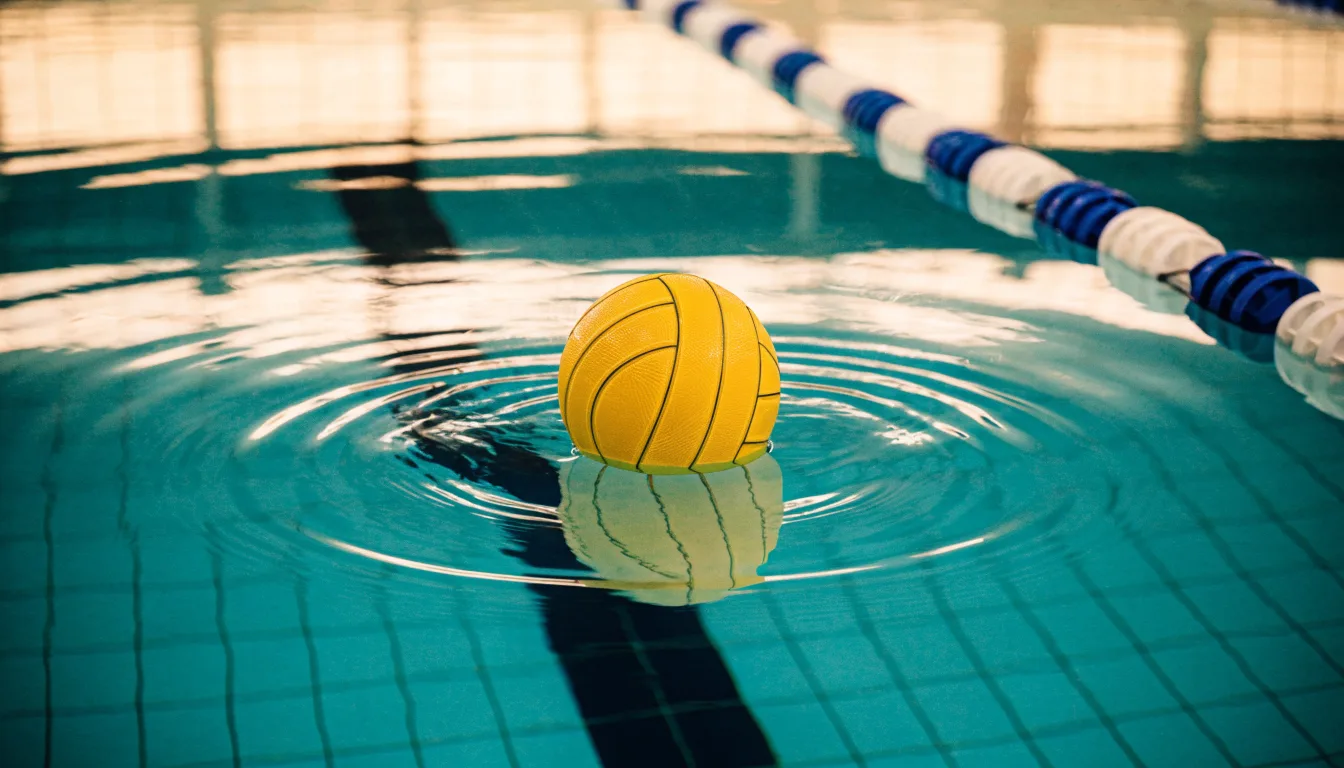 Ein gelber Wasserball treibt in Nahaufnahme auf der Wasseroberfläche neben einer Leine mit Bojen.