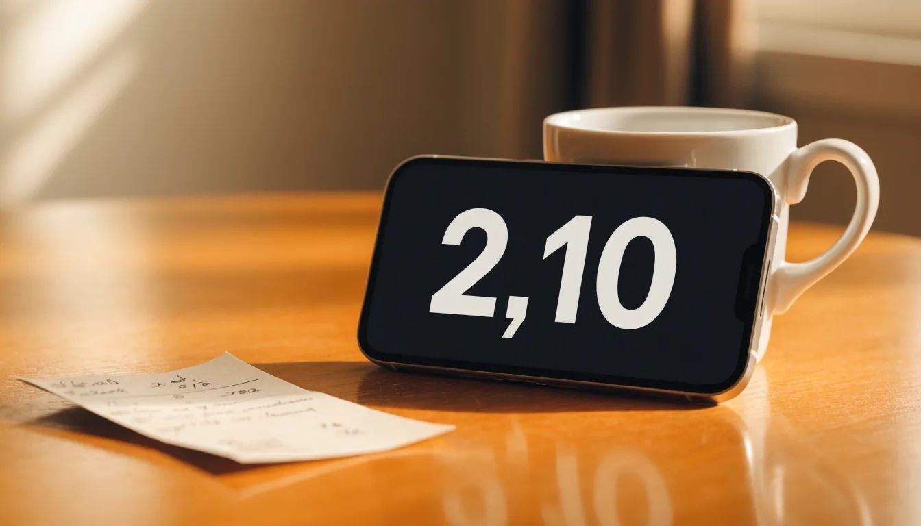 Ein Smartphone mit dunklem Bildschirm lehnt an einer Kaffeetasse auf einem Holztisch, daneben ein blanker Papier-Wettschein.