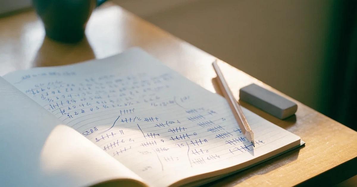 Ein Notizbuch mit handgezeichneten Kurven und Strichlisten liegt aufgeschlagen neben Bleistift und Radiergummi auf einem Schreibtisch im Tageslicht.