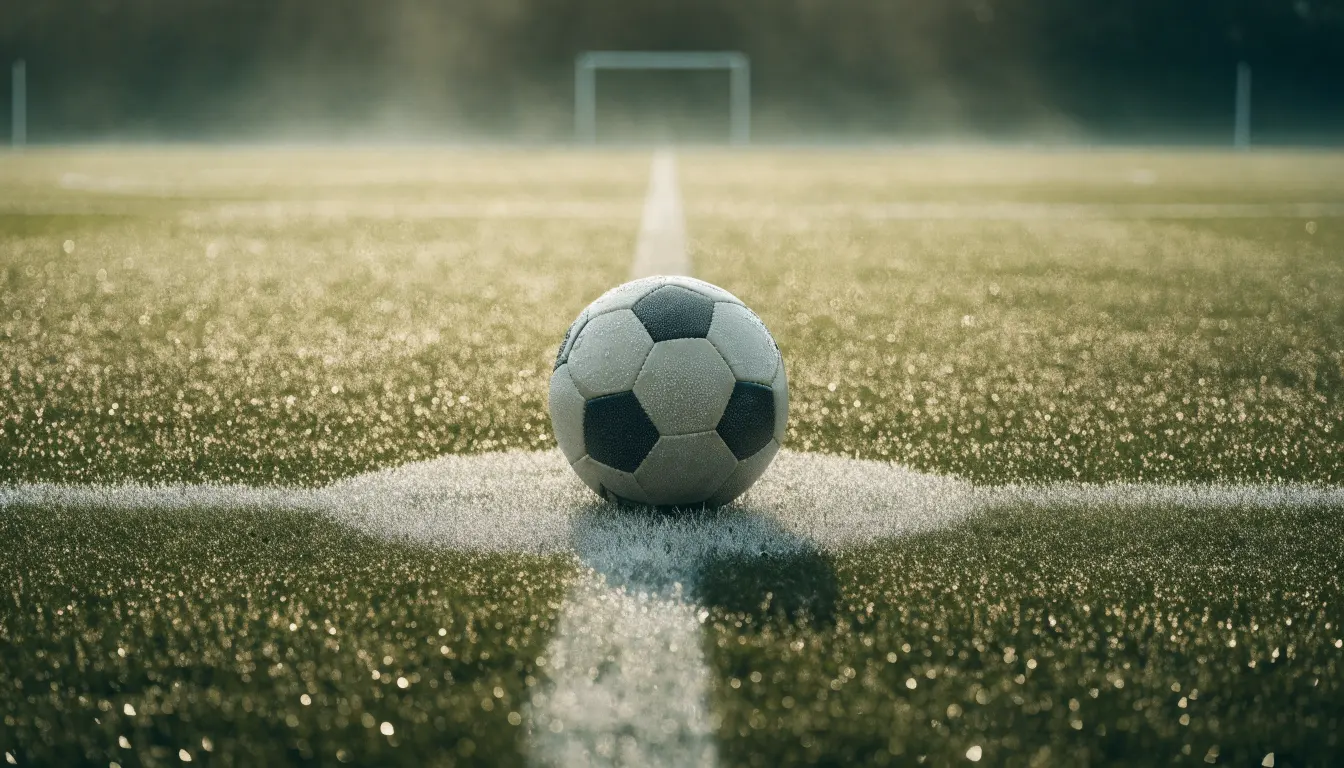 Ein Fußball liegt auf dem Anstoßpunkt eines Rasenplatzes im ersten Morgenlicht, Tau glänzt auf dem Gras.