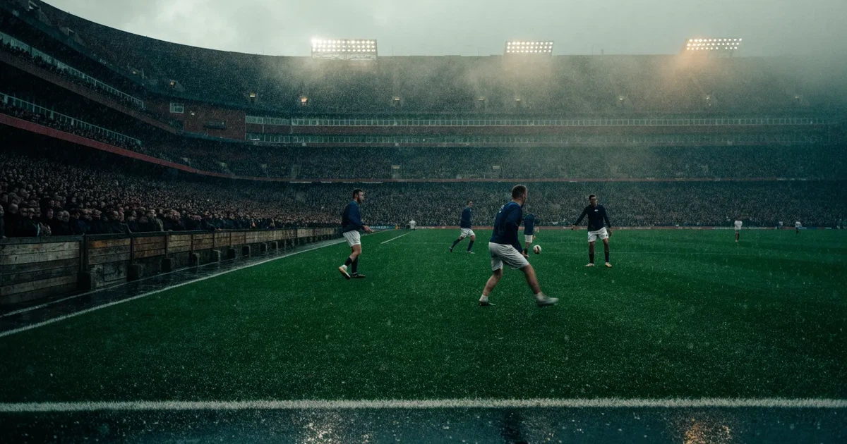 Ein englisches Fußballstadion mit rotbraunen Backsteintribünen unter bedecktem Himmel, davor ein nasser Rasen mit Spielfeldlinien.