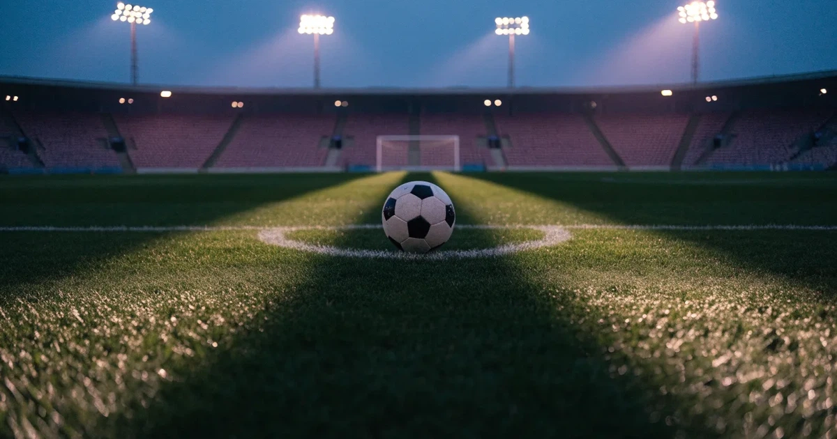 Ein Rasenplatz in der Dämmerung mit eingeschalteten Flutlichtmasten, ein Ball liegt am Anstoßpunkt, die Tribünen im Hintergrund sind unscharf.