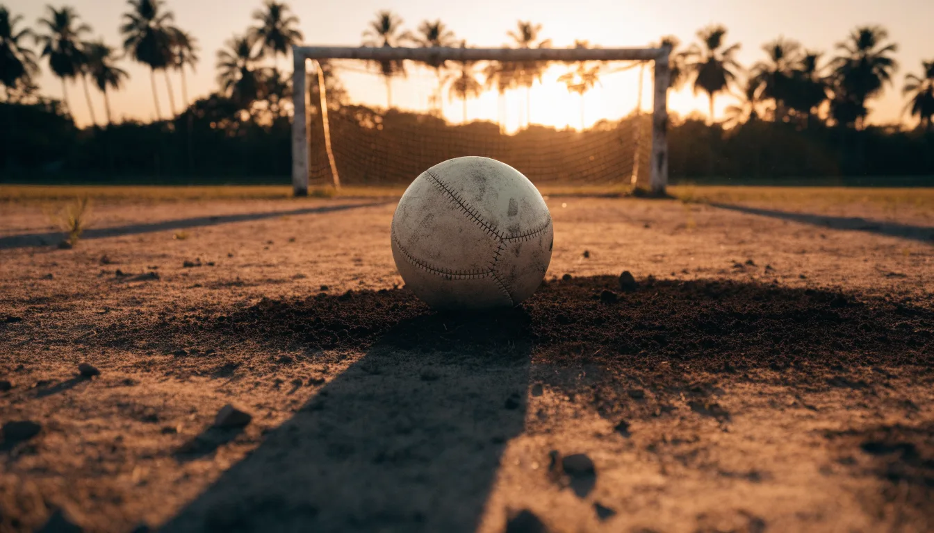 Ein Fußball liegt auf einem staubigen Bolzplatz mit Palmen im Hintergrund in warmem Abendlicht.