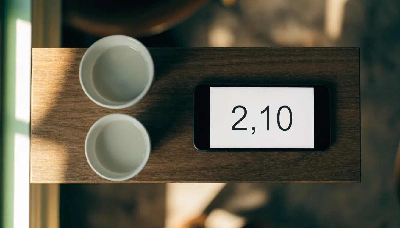Zwei Kaffeetassen und ein dunkles Smartphone stehen auf einem Café-Tisch am Fenster im Morgenlicht.