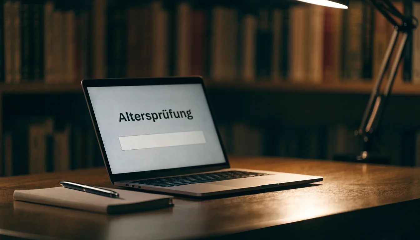 Eine Messingwaage steht auf einem dunklen Holztisch, dahinter eine unscharfe Regalwand mit geschlossenen Büchern.