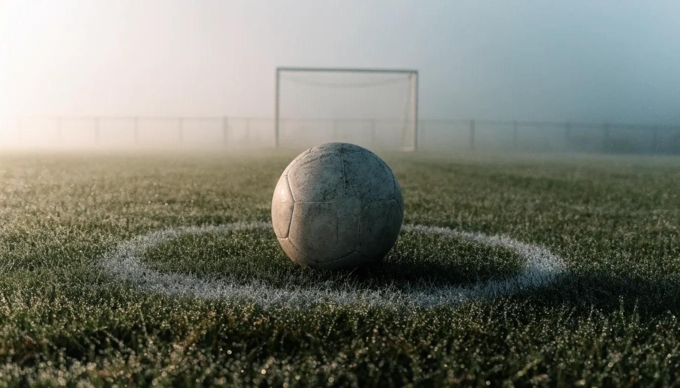 Ein abgewetzter Fußball liegt auf dem Anstoßkreis eines Naturrasens im Morgennebel.