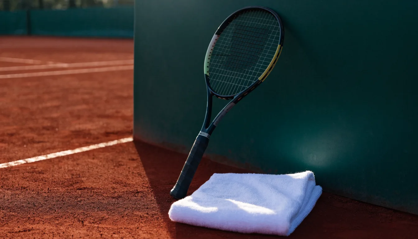 Ein Tennisschläger lehnt an einer dunkelgrünen Bande ohne Aufschrift auf einem Sandplatz, daneben liegt ein Handtuch.