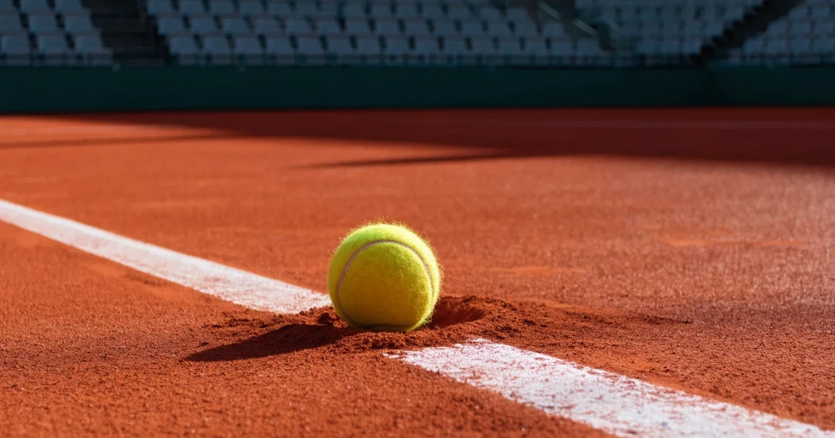 Ein Sandplatz mit rötlichem Belag und gezogenen weißen Linien, ein einzelner Tennisball liegt neben der Linie, im Hintergrund eine leere Tribüne.