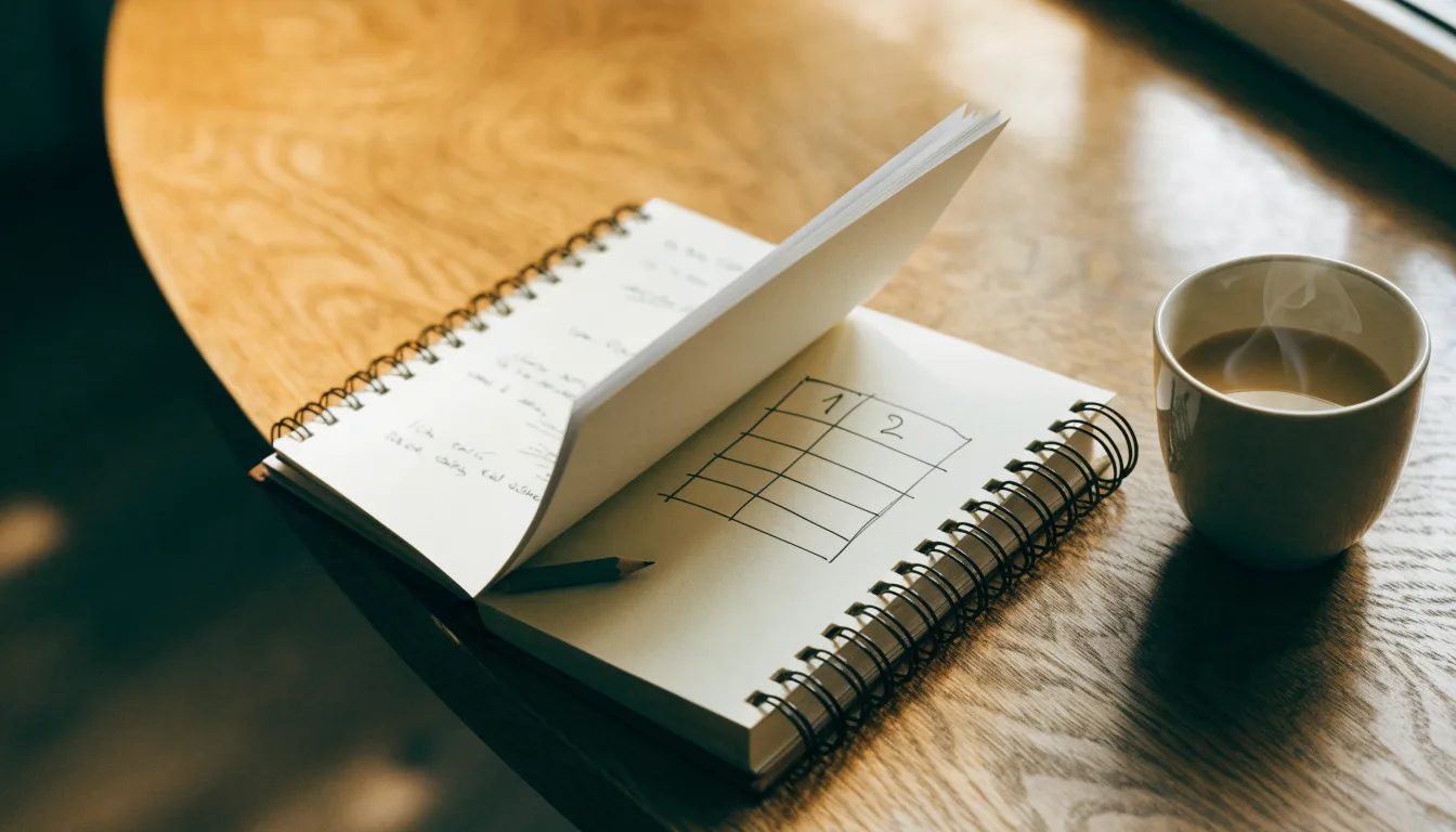 Ein aufgeschlagenes Notizbuch mit handschriftlichen Skizzen liegt neben einem Bleistift auf einem Holztisch, daneben eine Tasse Kaffee.