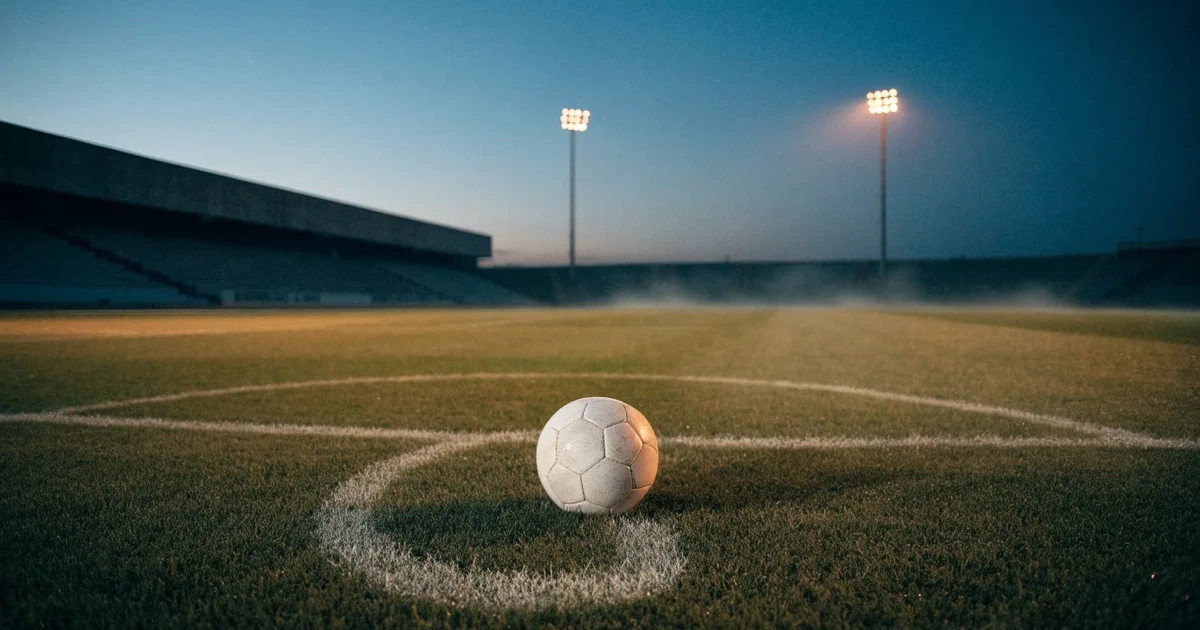 Ein Fußball liegt auf dem Anstoßpunkt eines leeren Rasenplatzes, im Hintergrund eine Tribüne und Flutlichtmasten in der Abenddämmerung.