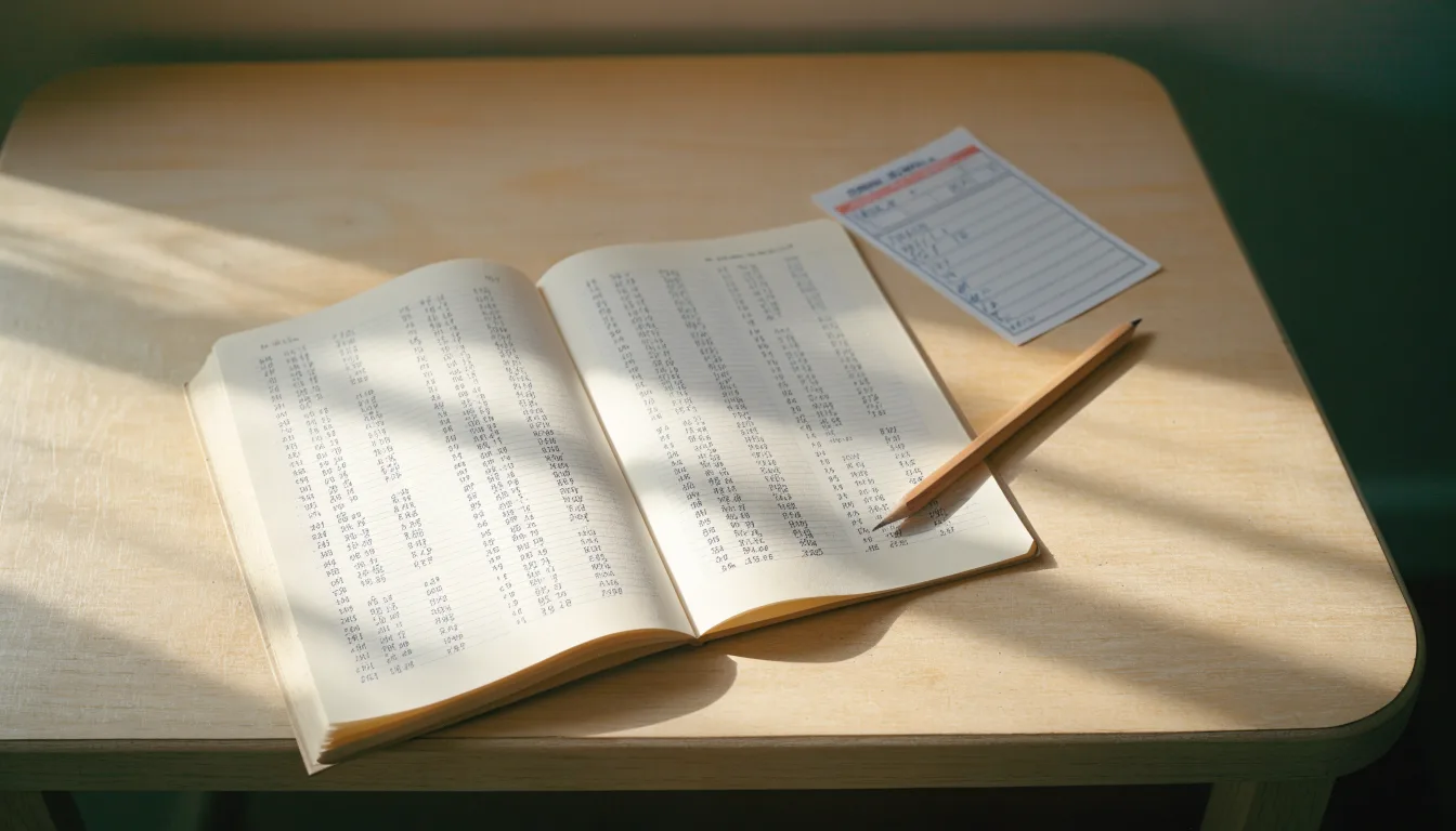 Ein Taschenrechner und ein Bleistift liegen auf einem Schreibtisch neben einem aufgeschlagenen Notizbuch mit handschriftlichen Zahlenreihen.