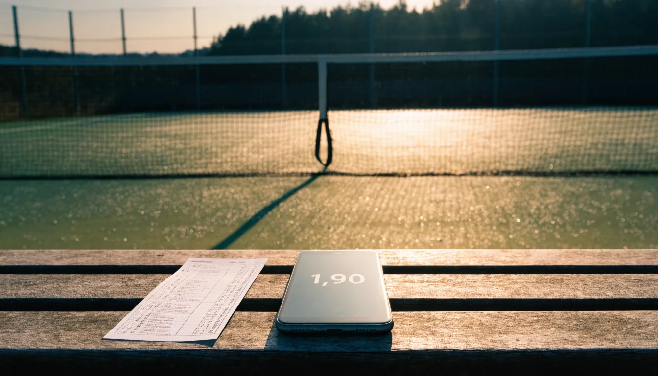 Ein Tennisplatz bei Sonnenaufgang, Netz und Grundlinien im weichen Licht, niemand ist zu sehen.
