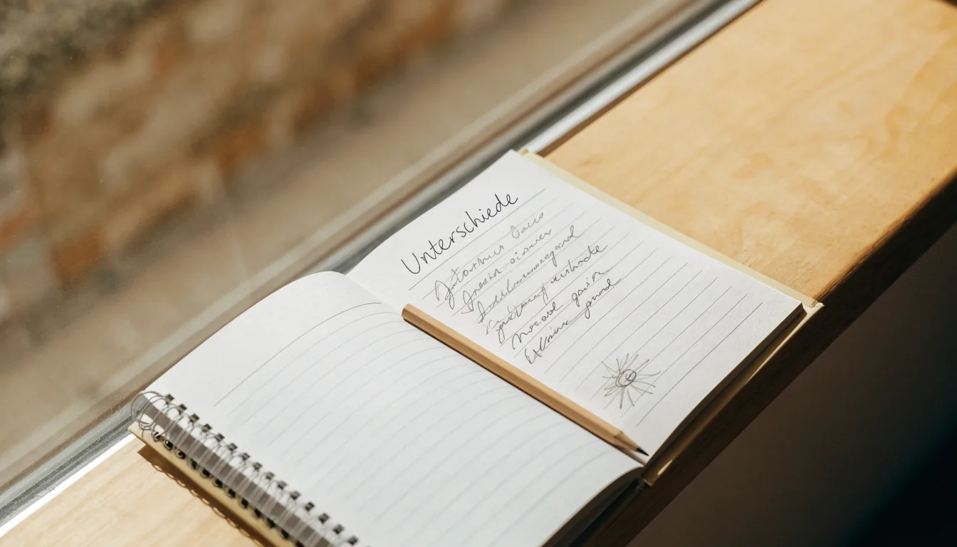 Ein aufgeschlagenes Notizbuch mit handschriftlichen Skizzen und ein Bleistift liegen auf einer Fensterbank im Tageslicht.