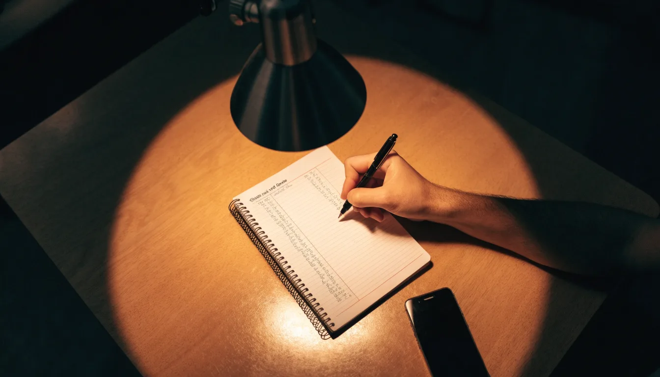 Ein Taschenrechner und ein Notizbuch mit handschriftlichen Zahlenreihen liegen auf einem Schreibtisch unter einer Lampe.