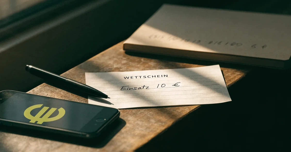 Ein leerer Papier-Wettschein und ein Kugelschreiber liegen auf einem Holztisch, daneben ein kleiner Stapel Münzen im Morgenlicht.