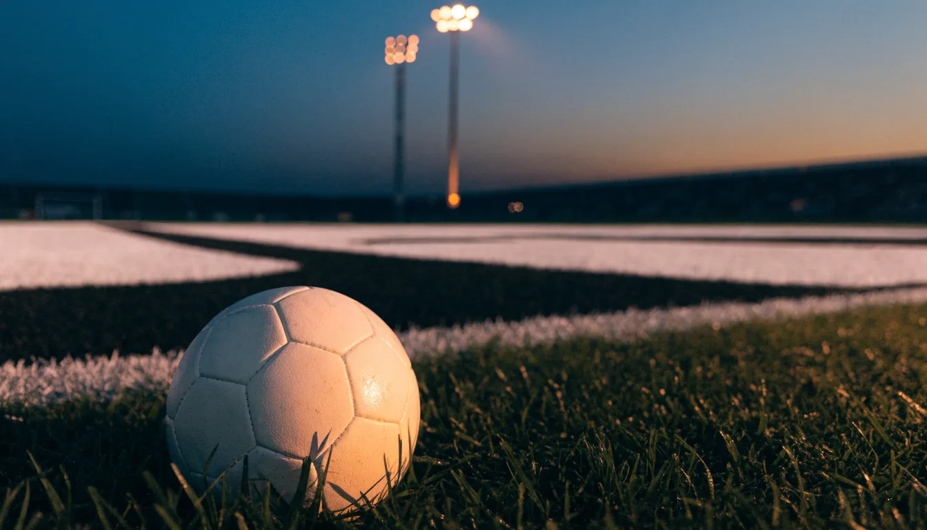 Ein Fußball liegt im Gras eines leeren Platzes, im Hintergrund stehen Flutlichtmasten in der Dämmerung.