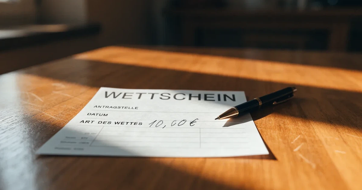 Ein leerer Papier-Wettschein und ein Kugelschreiber liegen auf einem Holztisch, daneben ein kleiner Stapel Münzen im Morgenlicht.