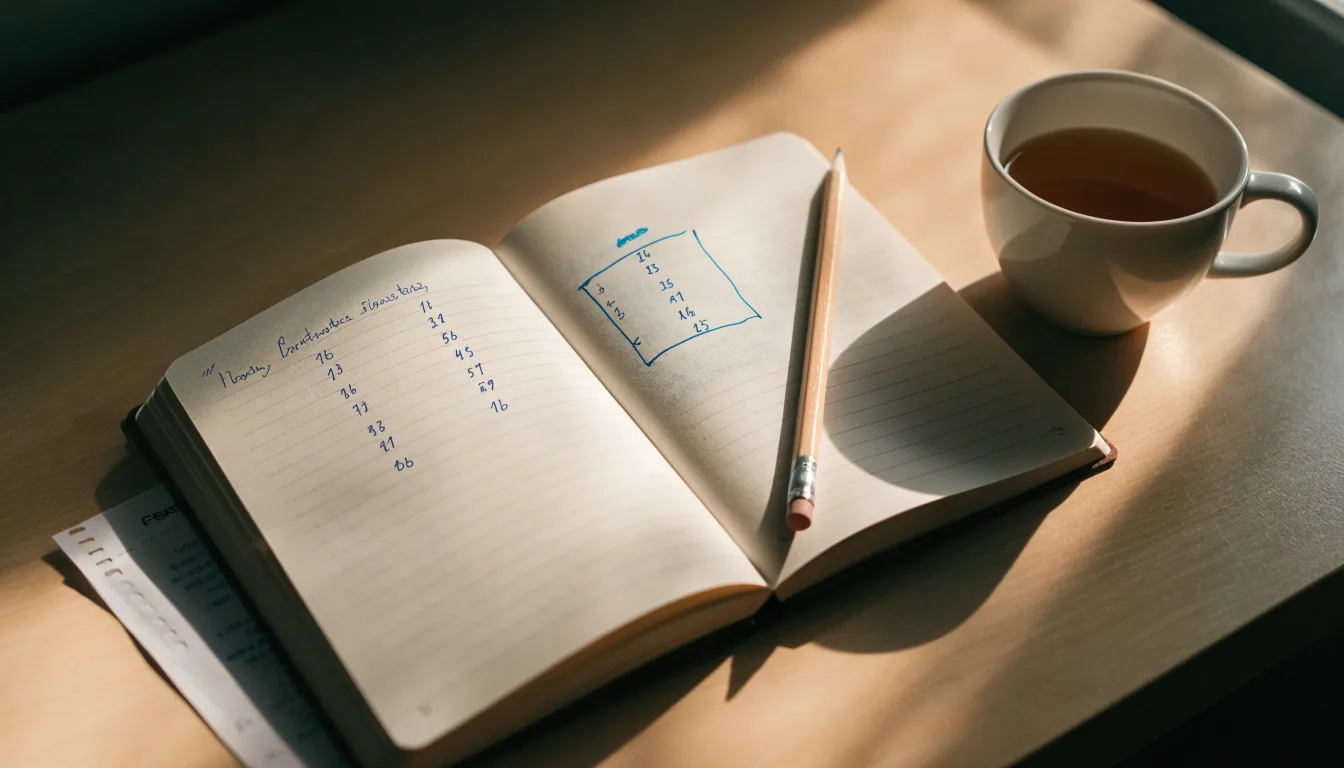 Ein aufgeschlagenes Notizbuch mit handschriftlichen Skizzen und ein Bleistift liegen auf einem Schreibtisch neben einer Tasse Tee.