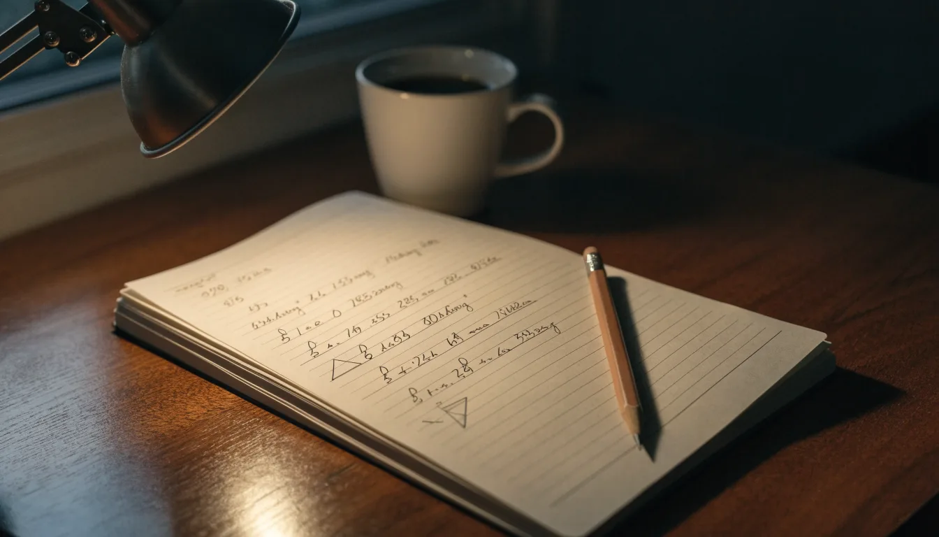 Ein Taschenrechner und ein Bleistift liegen auf einem Schreibtisch neben einer Tasse Kaffee im Licht einer Lampe.