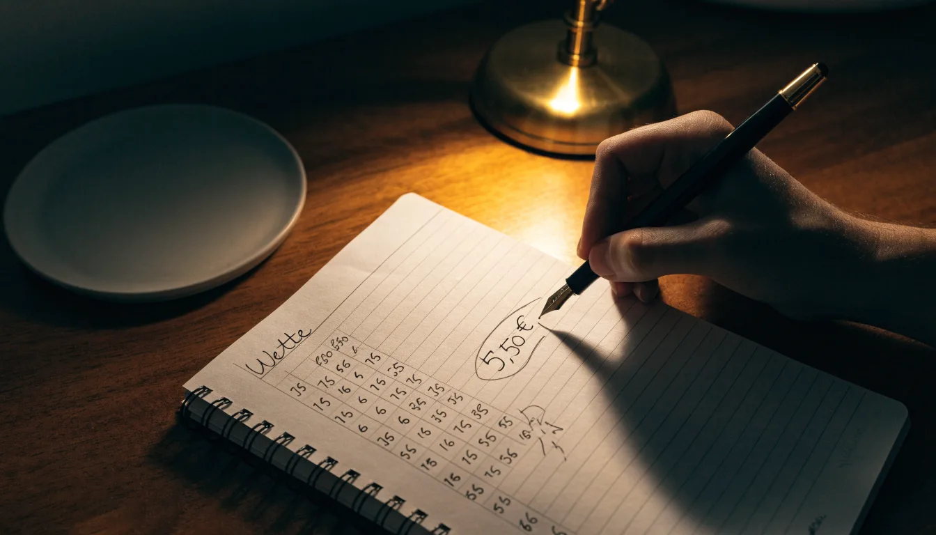 Ein Taschenrechner und ein aufgeschlagenes Notizbuch mit handschriftlichen Zahlenreihen liegen unter einer Schreibtischlampe.