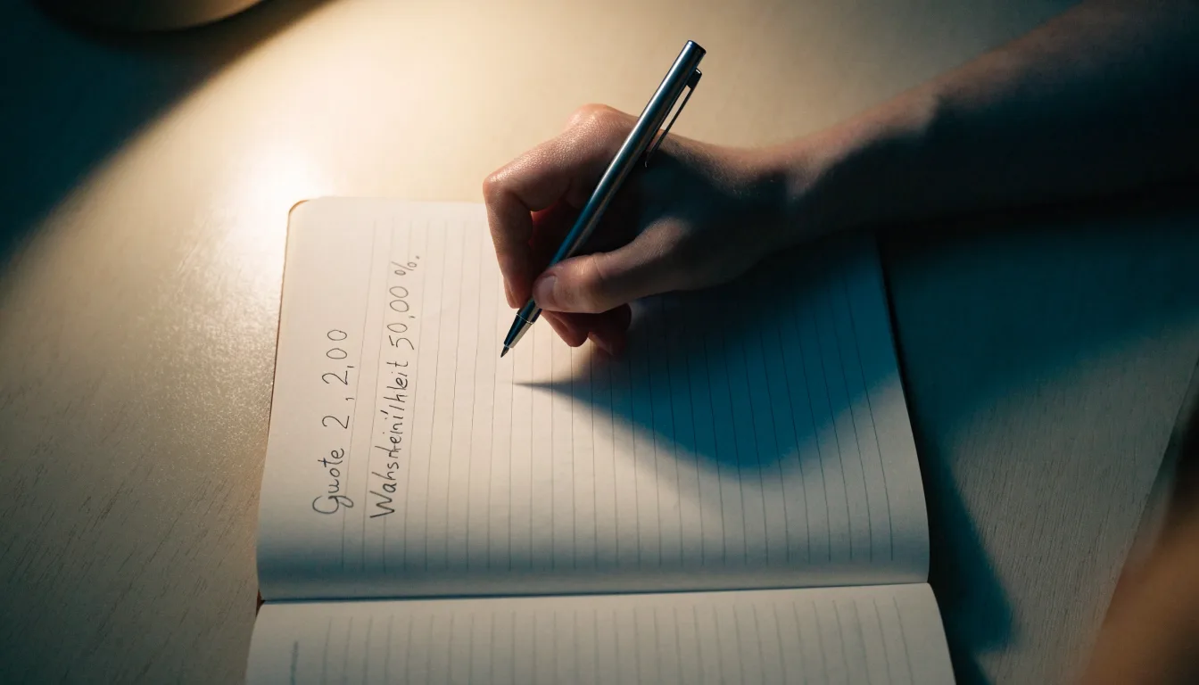 Ein Taschenrechner und ein aufgeschlagenes Notizbuch mit handschriftlichen Zahlenreihen liegen unter einer Schreibtischlampe.