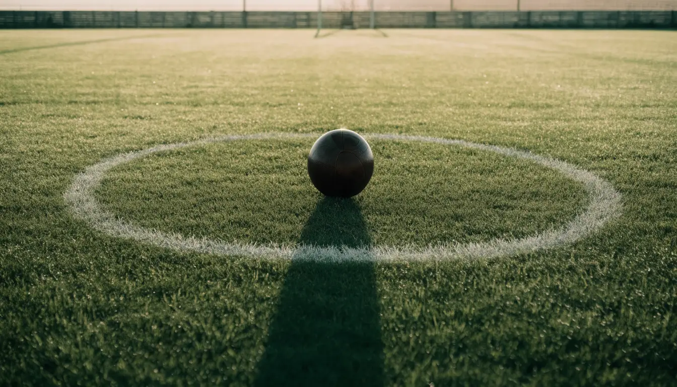 Ein Fußball liegt allein auf dem Anstoßpunkt eines leeren Rasenplatzes im Morgenlicht, am Rand ein niedriger Zaun.