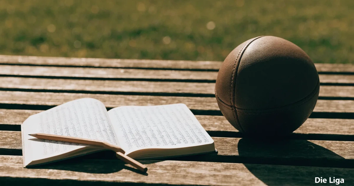 Ein Notizbuch mit handschriftlichen Zahlenkolonnen und ein Bleistift liegen neben einem Fußball auf einer Holzbank.