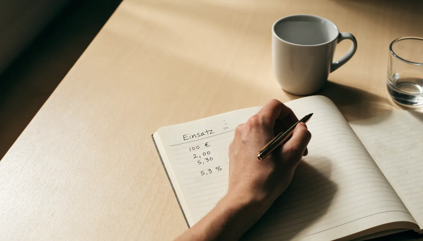 Ein Notizbuch mit handschriftlichen Rechnungen und ein Taschenrechner liegen auf einem hellen Schreibtisch neben einer Kaffeetasse.