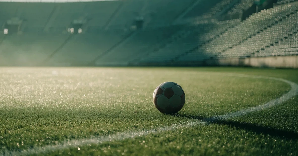 Ein Fußball liegt auf dem Anstoßpunkt eines Rasenplatzes, dahinter leere Tribünen im Licht des frühen Morgens.