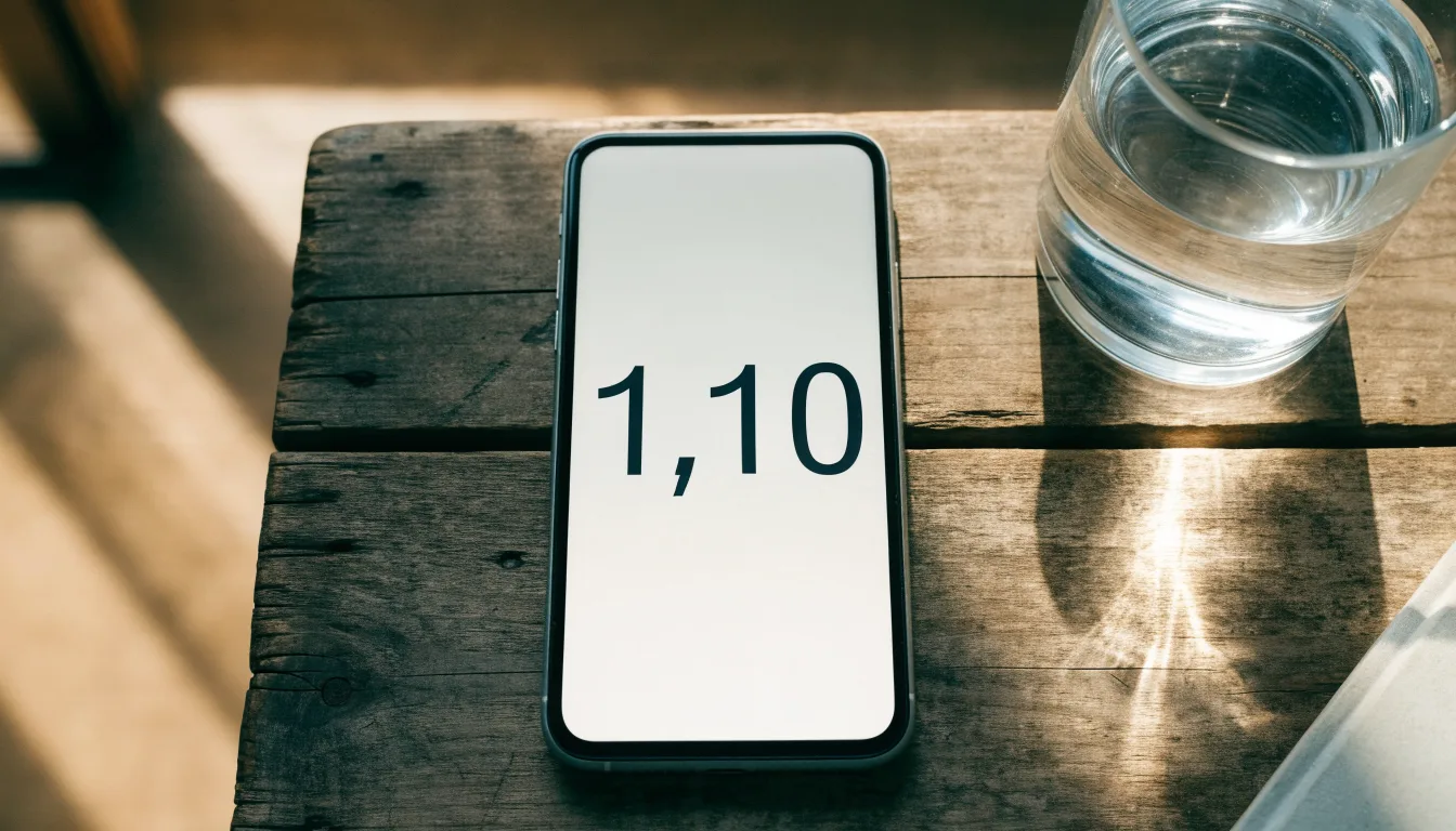 Ein Smartphone liegt mit dem Display nach unten auf einem Holztisch neben einem Glas Wasser, Abendlicht fällt durch ein Fenster.