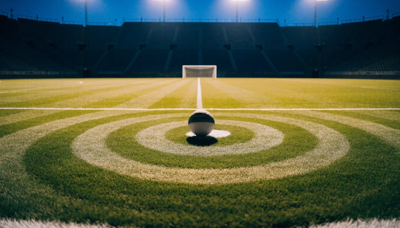 Ein Fußball liegt auf dem Anstoßpunkt eines leeren Rasenplatzes, dahinter ragen dunkle Ränge in den Abendhimmel.
