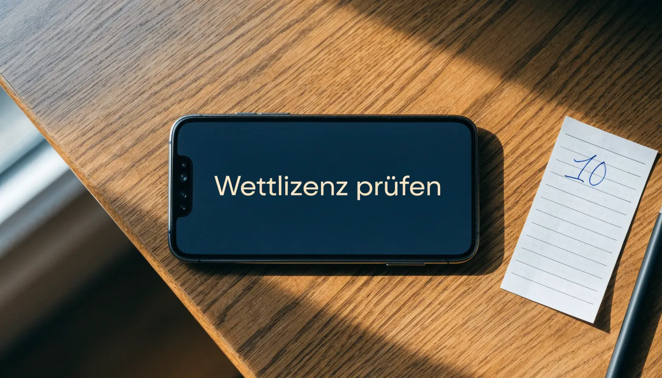 Ein Smartphone mit dunklem Display liegt neben einem leeren Papier-Wettschein und einem Stift auf einem Holztisch.