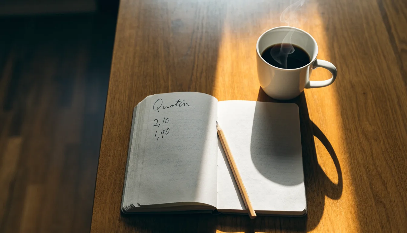 Ein Notizbuch mit handschriftlichen Notizen und einem Bleistift liegt auf einem Tisch, daneben steht eine Kaffeetasse im Morgenlicht.