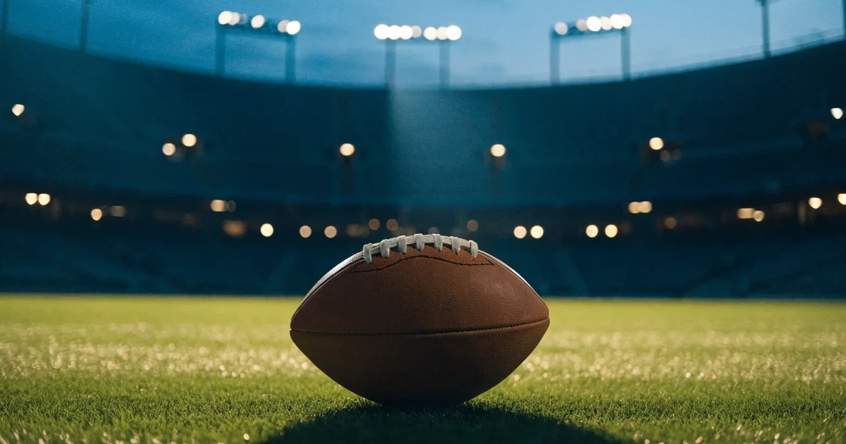 Ein American-Football-Ball liegt auf einem Rasenplatz unter Flutlicht, im Hintergrund eine große Tribüne in der Dämmerung.
