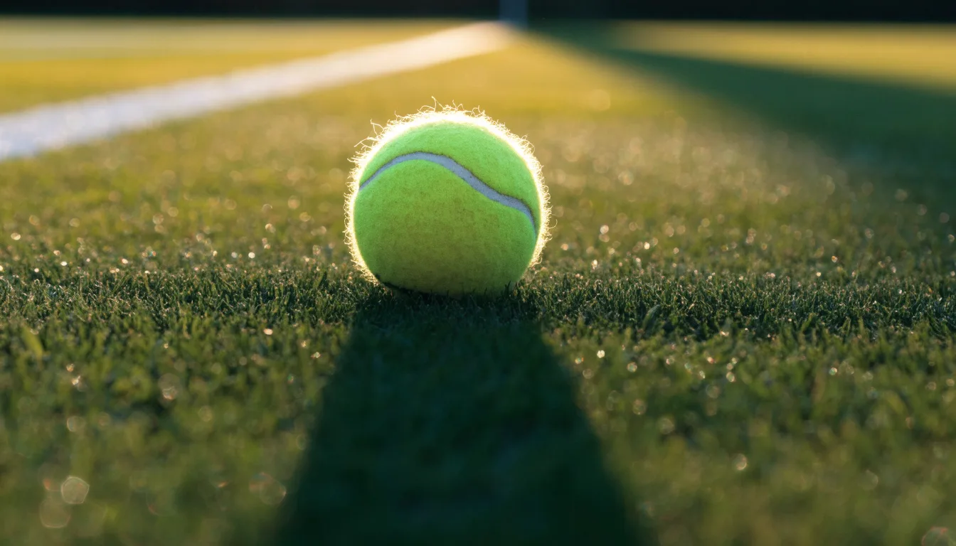 Ein Tennisball liegt auf frisch gemähtem Gras neben einer weißen Linie, Tautropfen glänzen im Gegenlicht.
