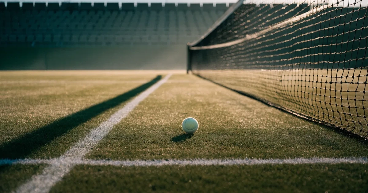 Ein Tennisplatz mit Rasenbelag im Morgenlicht, Netz und weiße Linien, im Hintergrund eine ruhige Tribüne.