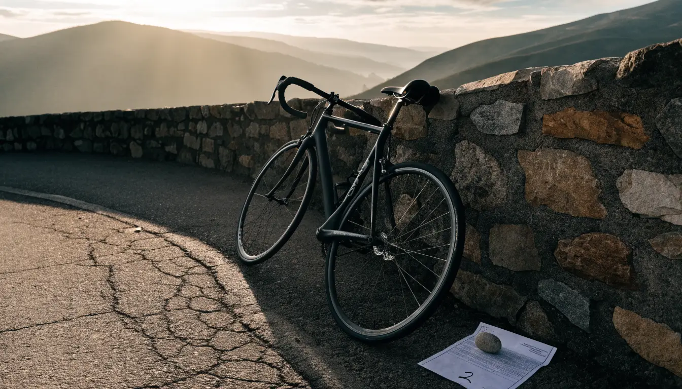 Ein Rennrad lehnt an einer Steinmauer in einer Bergkurve, im Hintergrund eine weite Hügellandschaft im Gegenlicht.