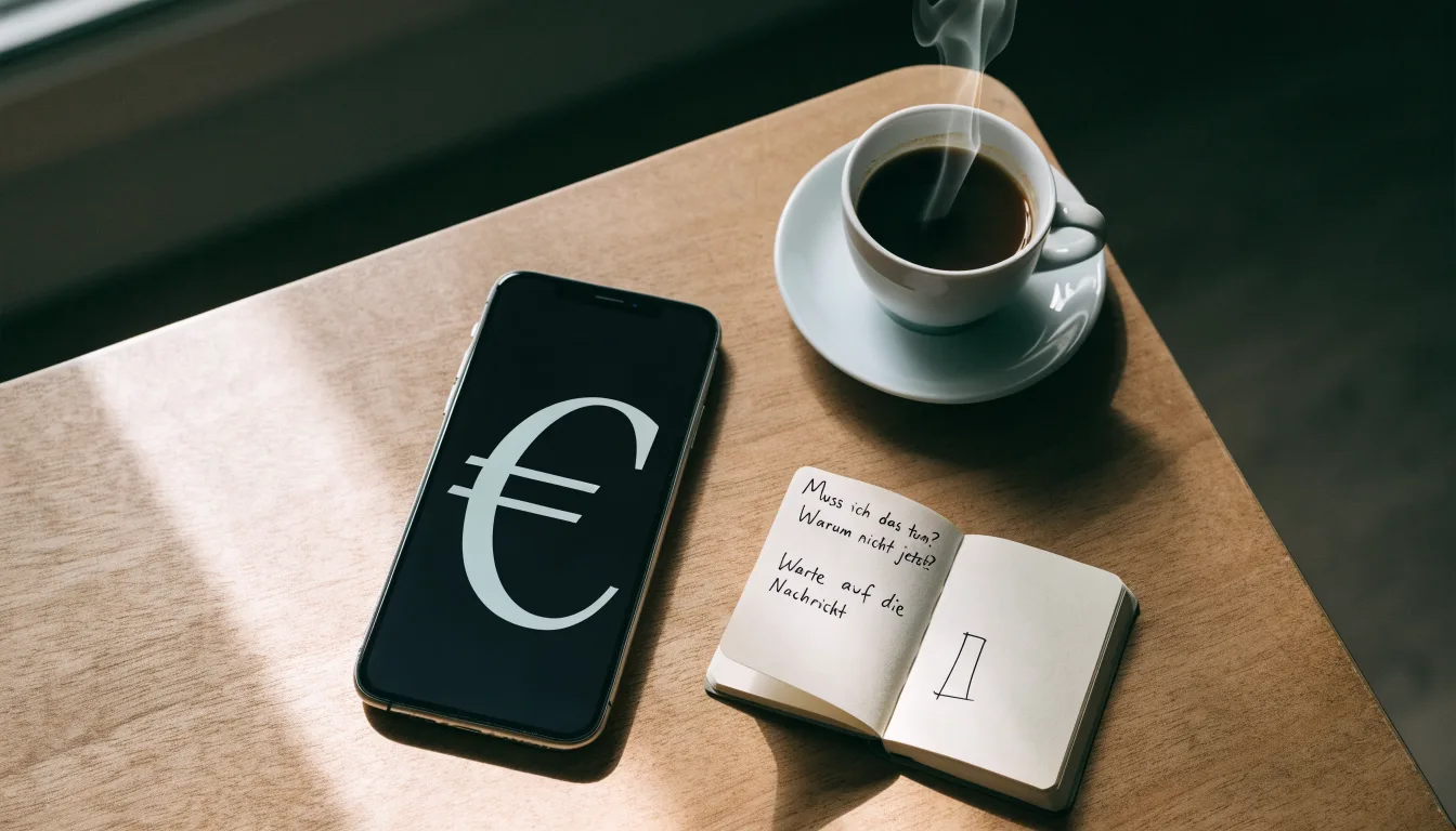Ein Smartphone liegt auf einem Tisch neben einem Notizbuch mit handschriftlichen Notizen und einer Tasse Kaffee.