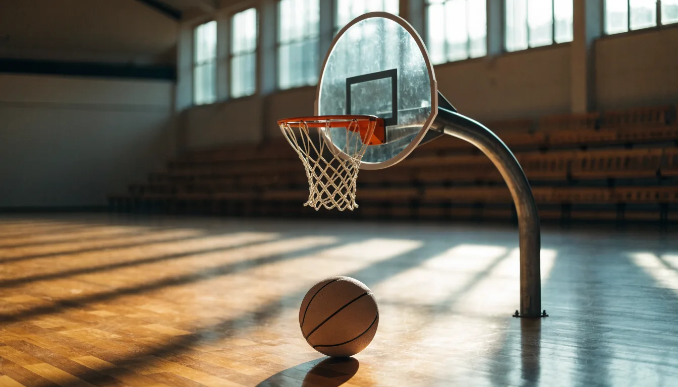 Ein Basketballkorb in einer leeren Halle, der Ball liegt unter dem Brett auf dem Parkett.