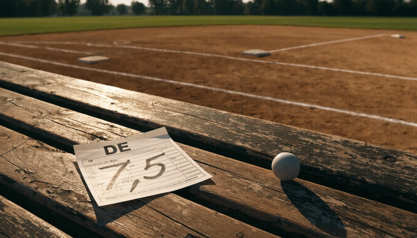 Ein Baseballfeld mit leerem Infield im Morgenlicht, die Linien frisch gezogen, keine Spieler im Bild.