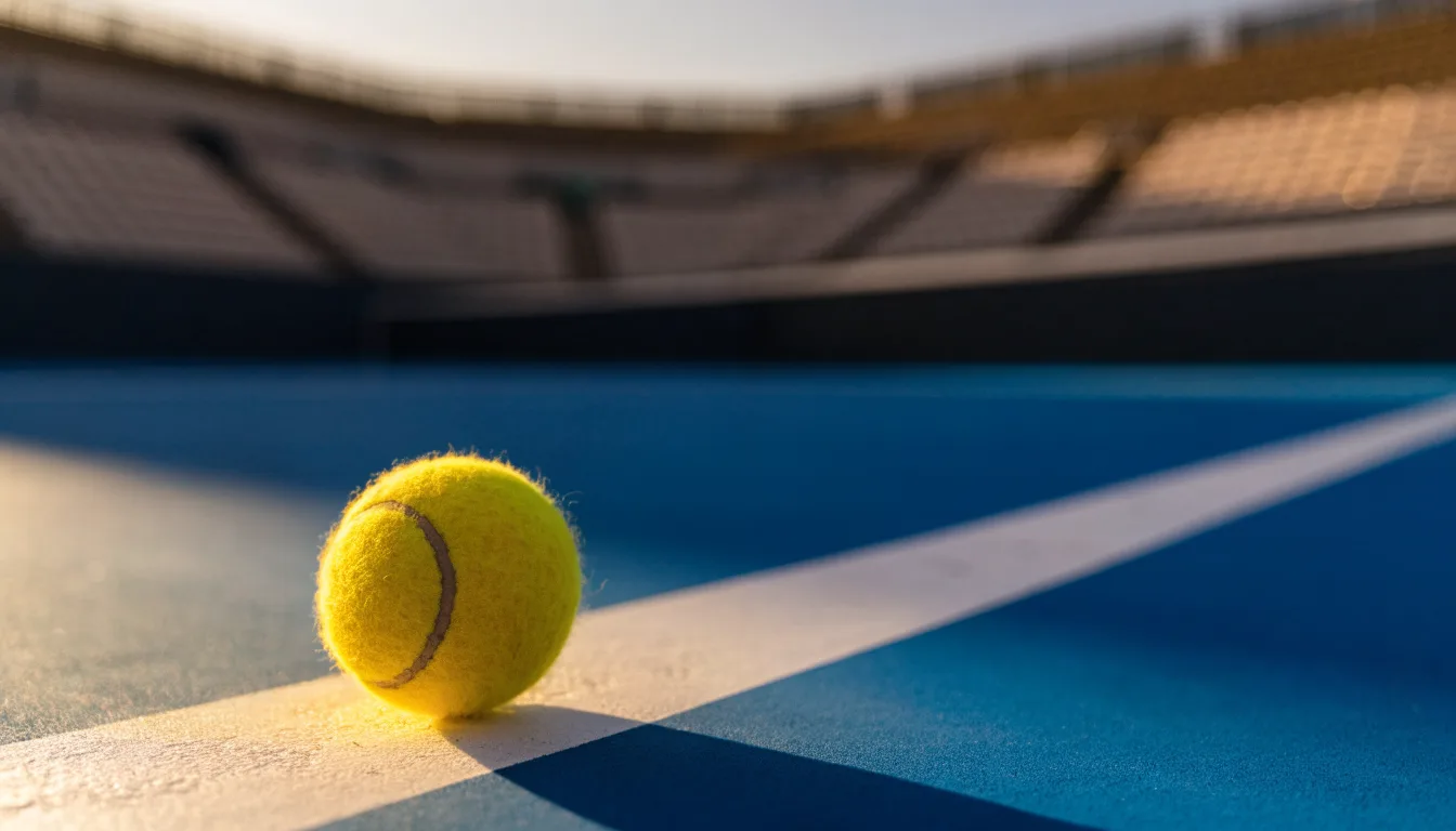 Ein Tennisball liegt in Nahaufnahme auf einer Grundlinie, dahinter verschwimmt ein leerer Platz in warmem Licht.