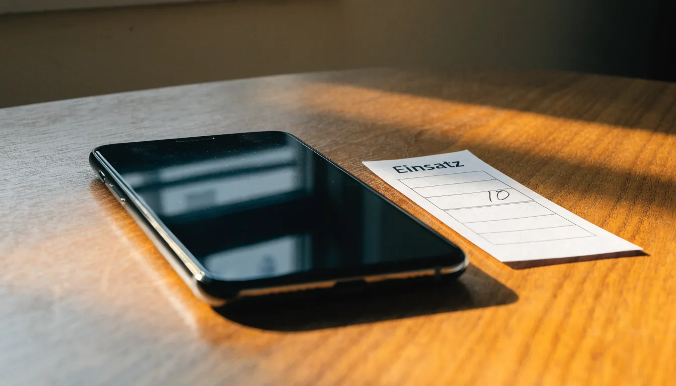 Ein Smartphone mit dunklem Display liegt neben einem leeren Papier-Wettschein auf einem Tisch, Licht fällt von der Seite.