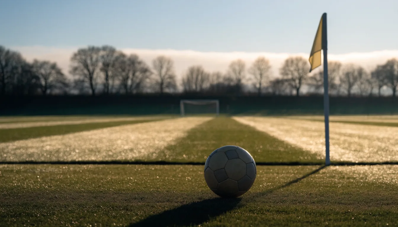 Ein Fußball liegt auf Rasen neben einer Eckfahne ohne Aufdruck auf einem leeren Platz im Morgenlicht.