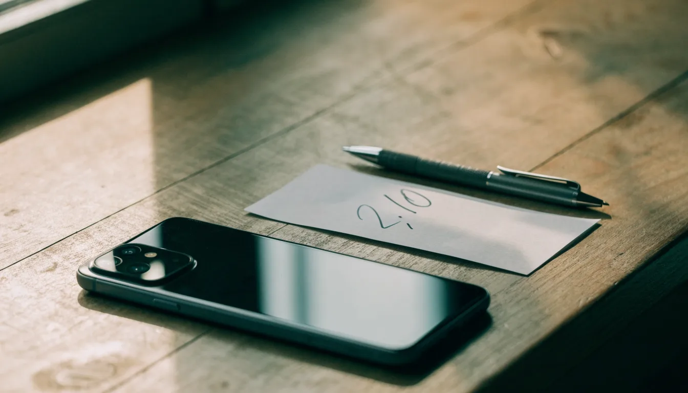 Ein Smartphone liegt mit dunklem Display neben einem leeren Papier-Wettschein und einem Stift auf einem Holztisch.