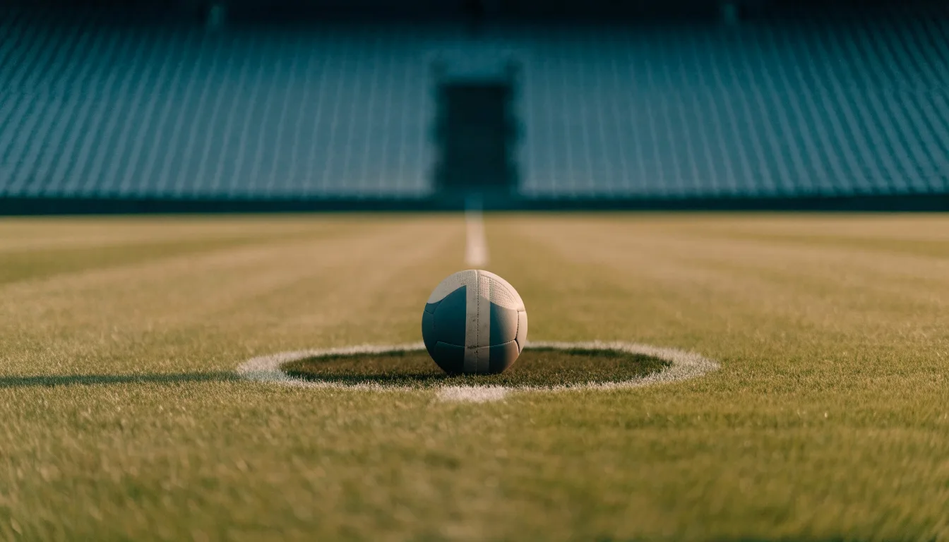 Ein Fußball liegt auf dem Anstoßpunkt eines Rasenplatzes, dahinter eine leere Tribüne im Abendlicht.