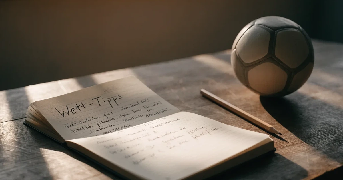 Ein Notizbuch mit handschriftlichen Notizen und einem Bleistift liegt auf einem Holztisch, daneben ein kleiner Fußball im Tageslicht.