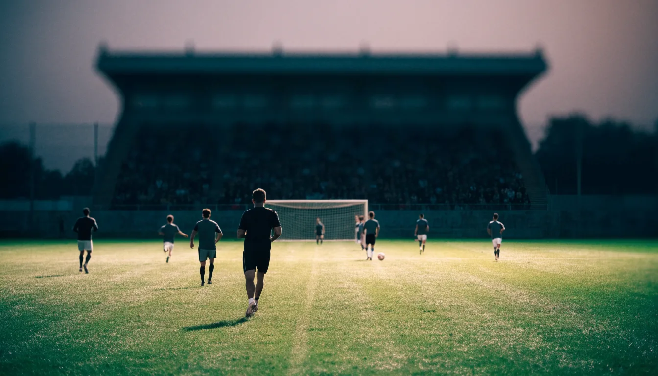 Ein Stadion unter Flutlicht aus großer Entfernung, davor eine leere Straße in der Abenddämmerung.